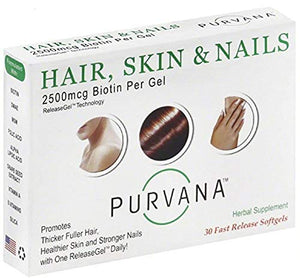 Wellgenix Purvana Hair, Skin, And Nails Vitamin Softgels For High Absorption - Double Strength 2500mcg Biotin, Vit A & B, Folic Acid, Grape Seed Extract - Herbal Supplement (30 Count)
