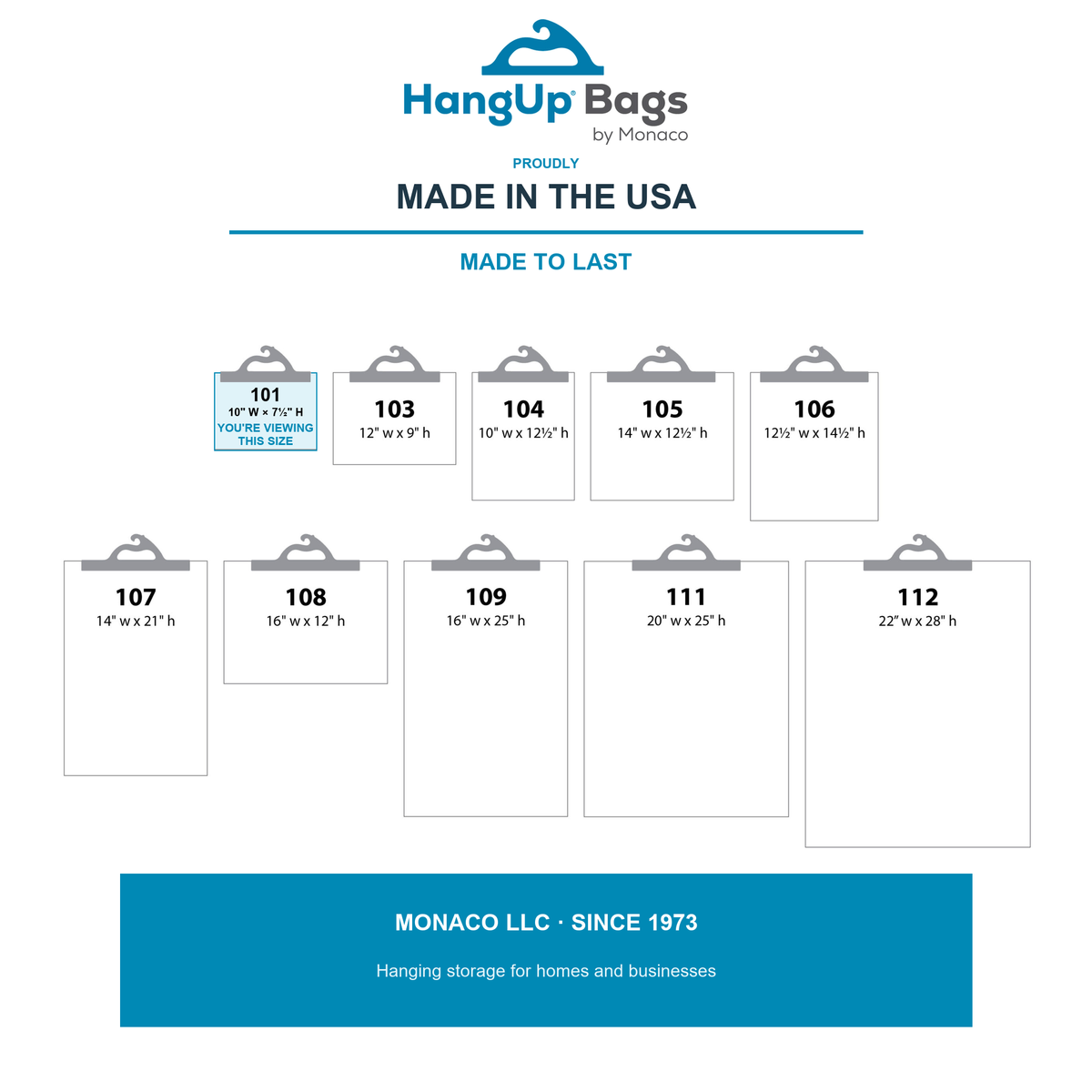 HangUp Bags by Monaco, made in the USA, Monaco LLC since 1973; Style 101 within the size line-up