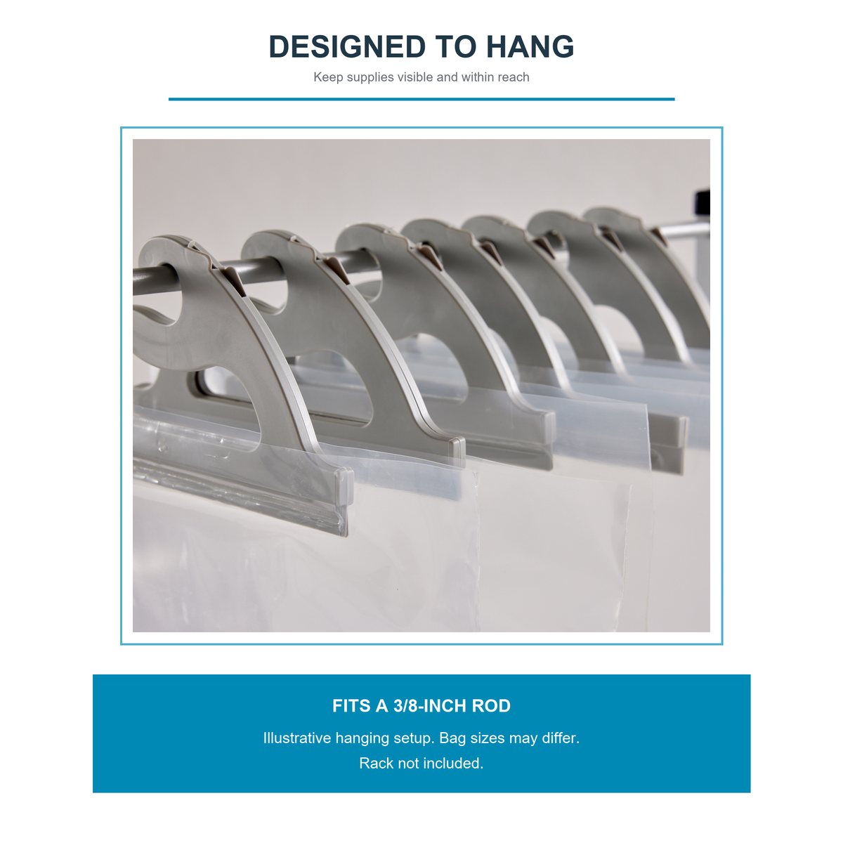 Bags hanging from a rod; the handle fits a 3/8-inch rod. Illustrative setup, rack not included