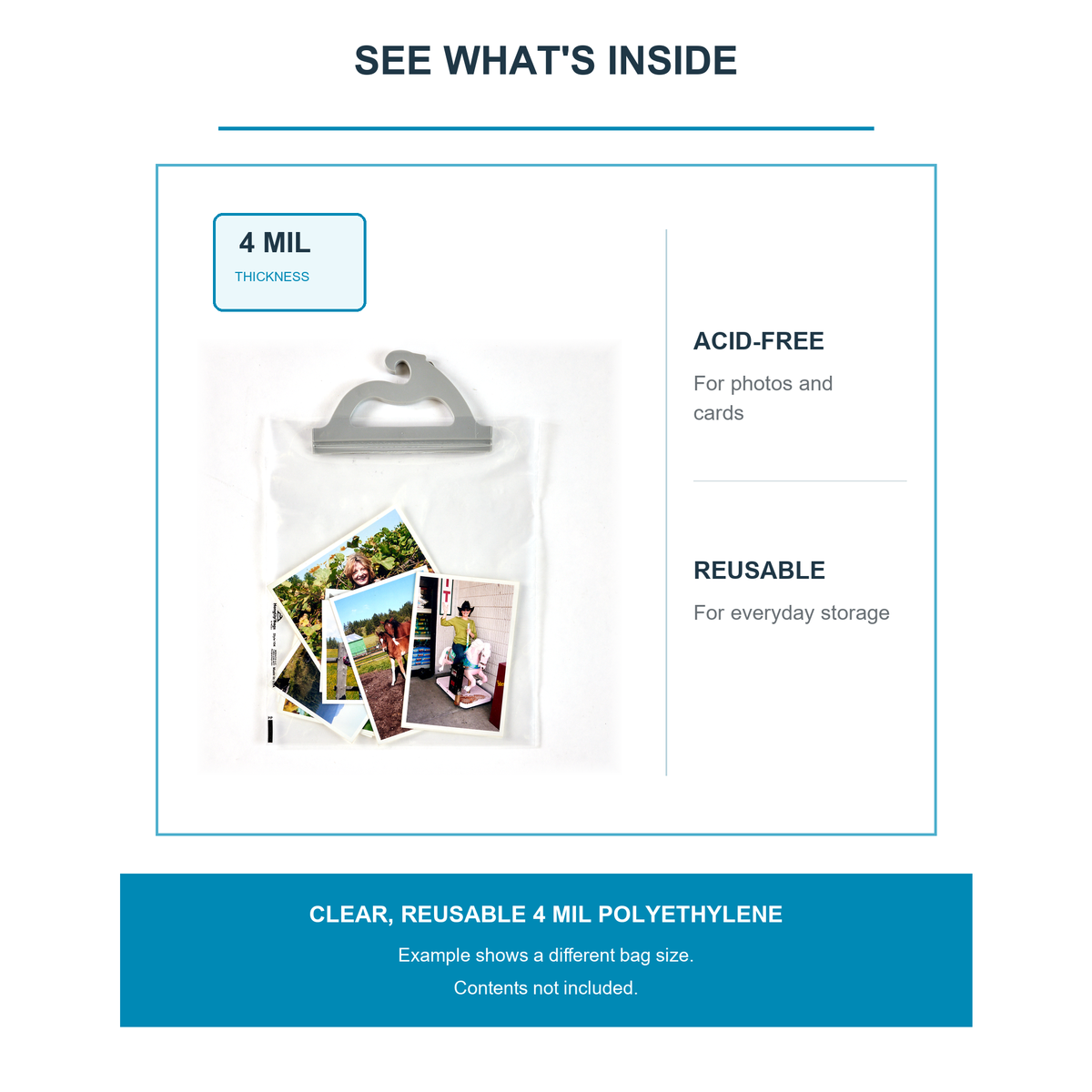 Clear reusable 4 mil polyethylene, acid-free; photographs shown inside for illustration, a different bag size in frame