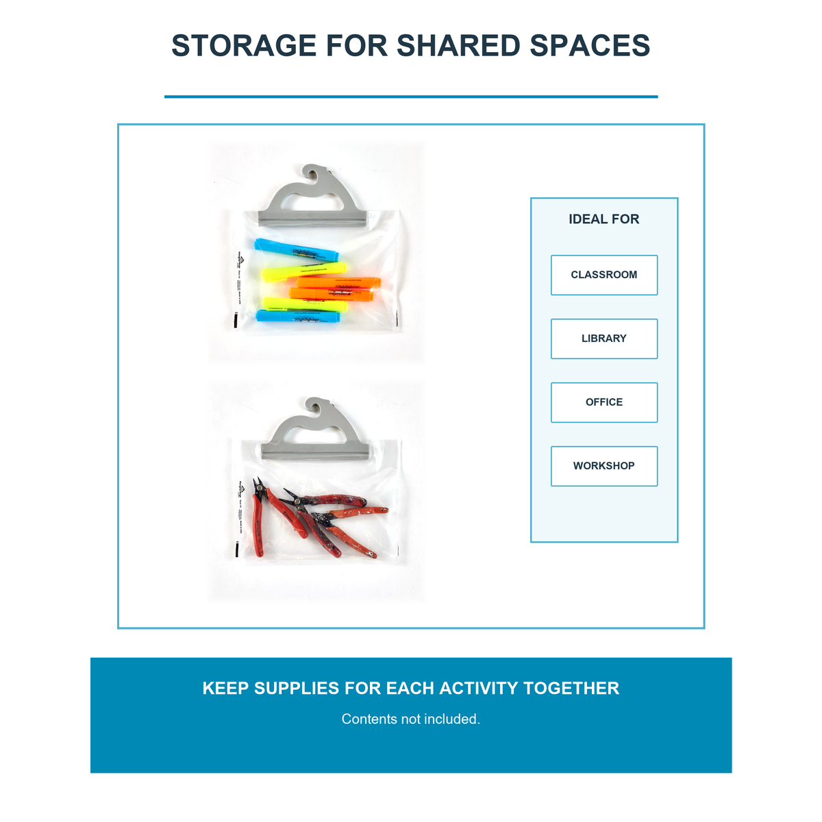 Storage for shared spaces: classroom, library, office, workshop; highlighters and pliers shown for illustration