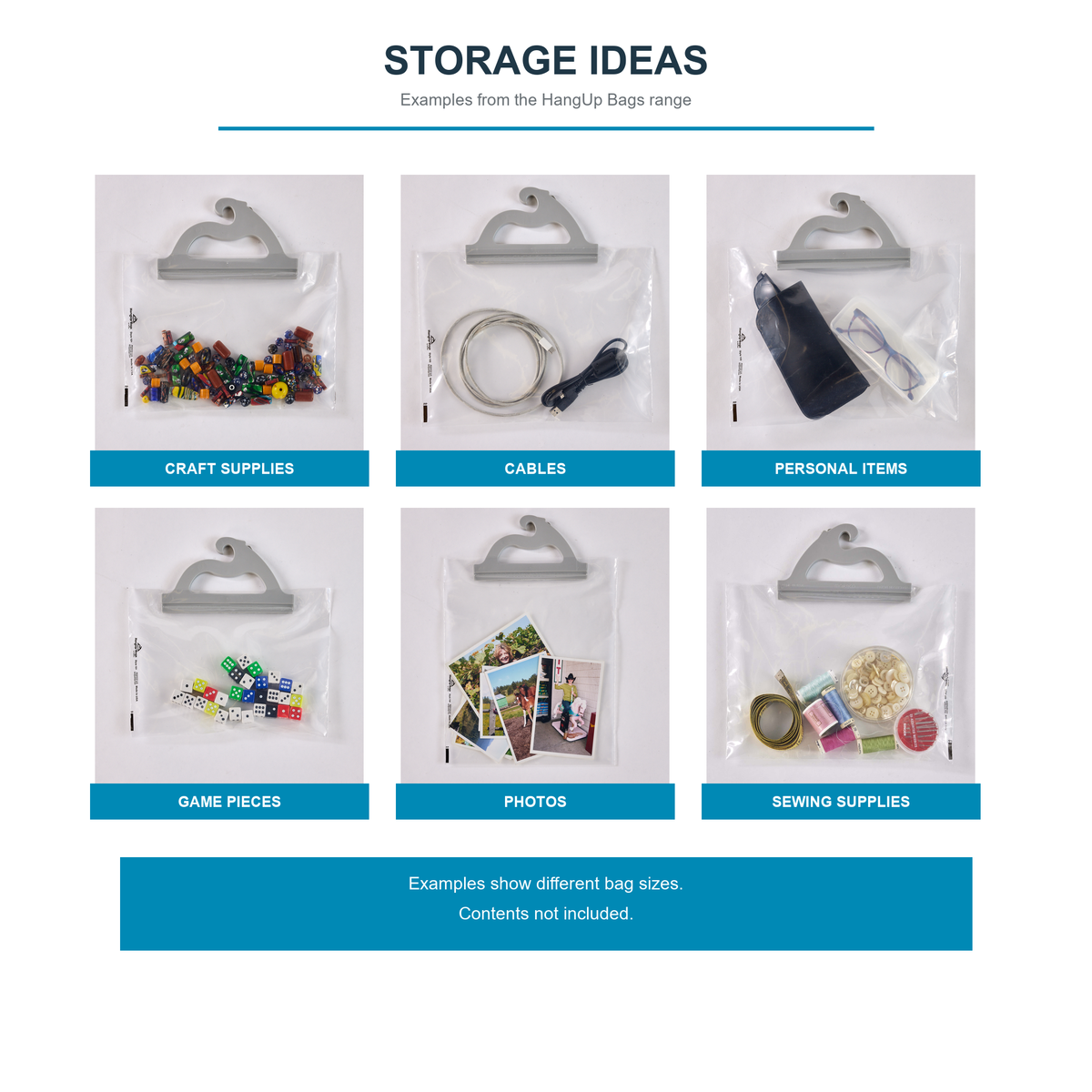 Storage ideas across the HangUp Bags range: craft supplies, cables, personal items, game pieces, photos, sewing supplies