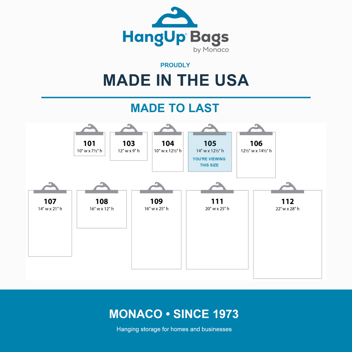 HangUp Bags by Monaco, made in the USA since 1973; Style 105 within the product line