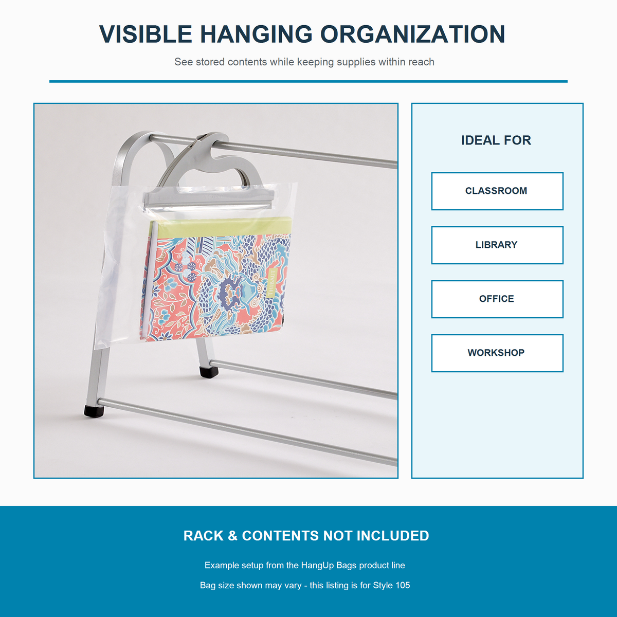 Visible hanging organization for classroom, library, office and workshop; rack not included