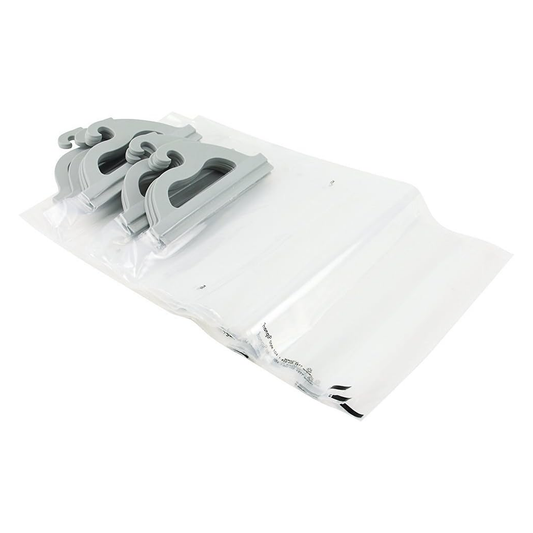Stack of clear hanging storage bags with gray snap-together handles on a white background