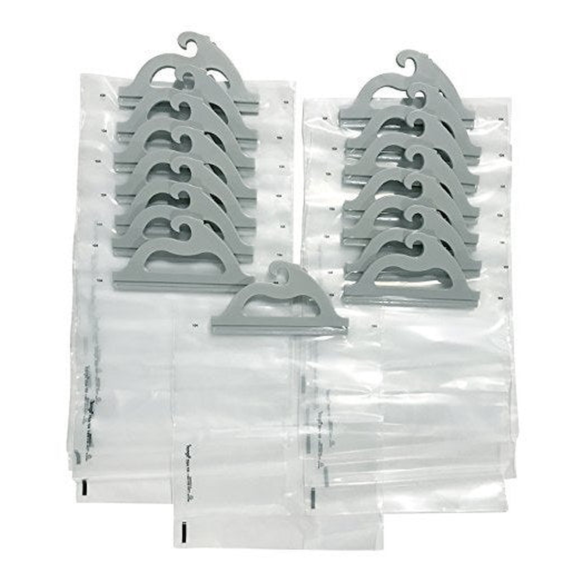Fifteen Style 104 clear hanging storage bags with gray handles, fanned out on a white background