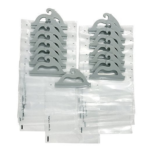Fifteen Style 104 clear hanging storage bags with gray handles, fanned out on a white background