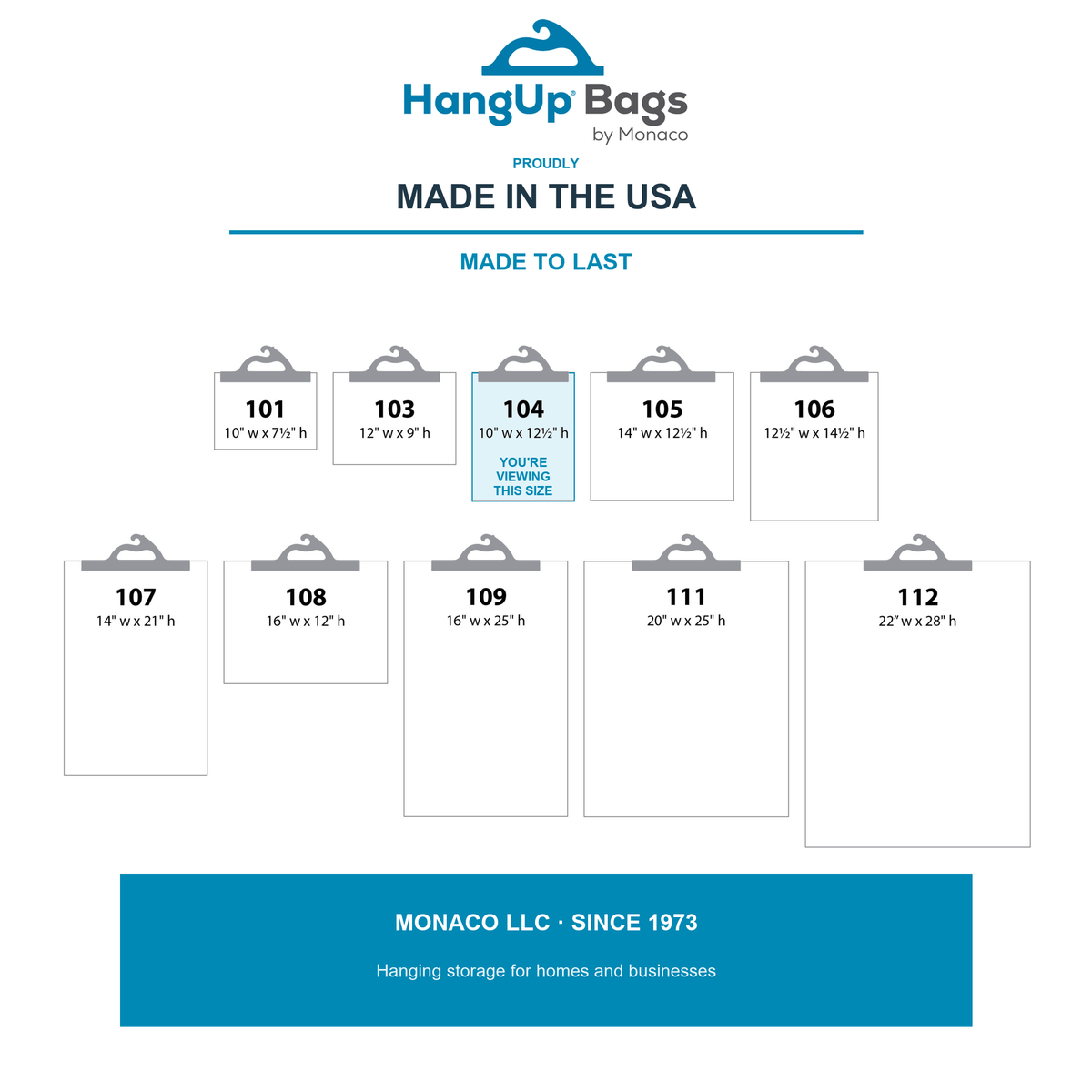 HangUp Bags by Monaco, made in the USA since 1973; Style 104 within the size line-up