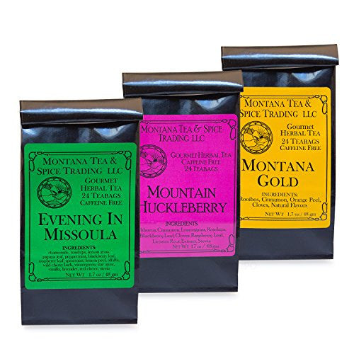 Montana Tea & Spice Trading Herbal Tea Combo Pack: Evening in Missoula, Montana Gold, Mt. Huckleberry