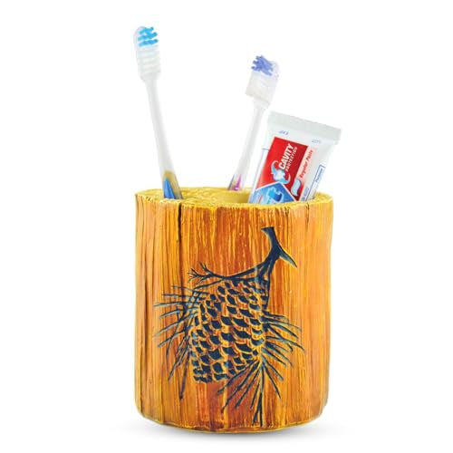 Wilcor Birch Log Toothbrush Holder with Pine Cone