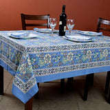 India Arts French Country Floral Print Tablecloth Square Cotton Table Linen Beach Sheet Beach Throw (Blue, Tablelcoth 72 x 72 inches)