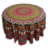 India Arts Elephant Mandala Floral Print Red Tablecloth Round for Dining and Kitchen Cotton Table Linen Red Green Blue