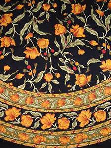 India Arts French Floral Round Cotton Tablecloth 70" Amber on Black